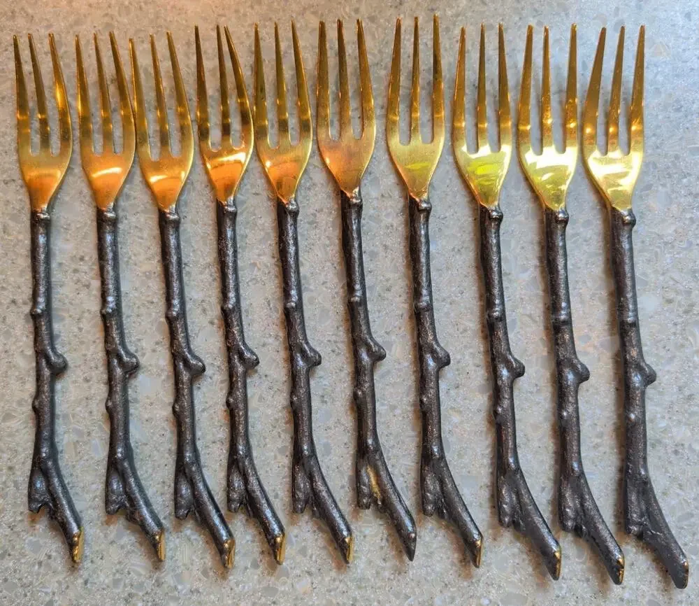 Set of 10 Dinner Forks Twig-Design Branch-shaped Handles Brass-finished Tines 8